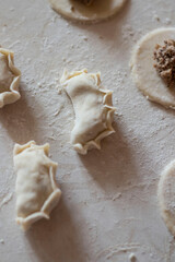 Variki with meat and mushrooms. They lie on the table. Dough.
