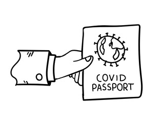 Covid passport in hand. Black and white doodle.