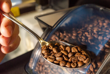 spoon with coffee on the background of the storage of coffee beans in the coffee machine