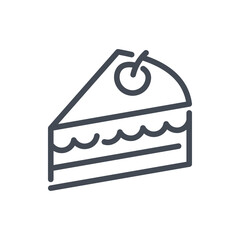 Piece of cake line icon. Chocolate cake with cream and cherry vector outline sign.