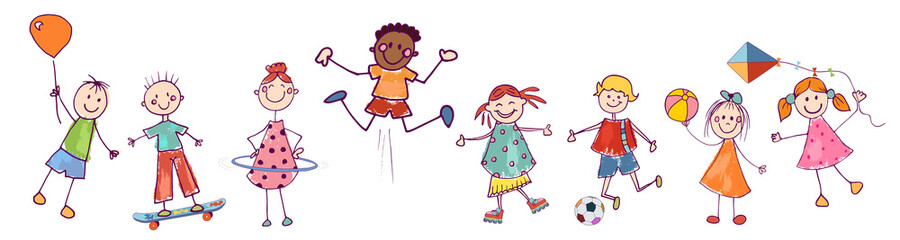 Diversity group of happy sweet kids in action playing and jumping. Kindergarten. Preschool. Funny active and joyful smiling multiethnic multicultural children. Stylized drawing. Cartoon