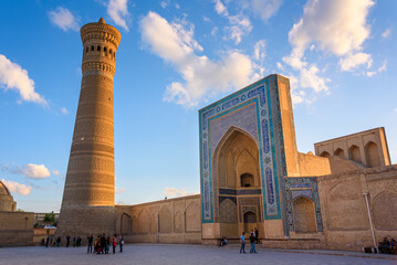 Kalta Minaret at Poi-Kalyan mosque complex evening sunset in Bukhara, Uzbekistan