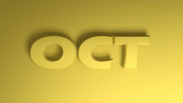 the write OCT staying for OCTOBER yellow write passing from right to left on yellow background - 3D rendering video clip animation