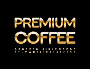 Vector stylish emblem Premim Coffee with Golden Font. Artistic Alphabet Letters and Numbers