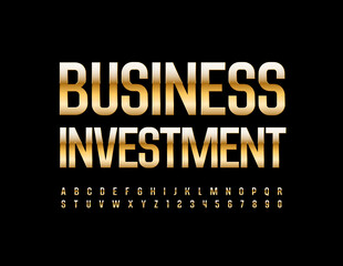 Vector premium Sign Business Investment. Golden Elite Font. Artistic Alphabet Letters and Numbers set.