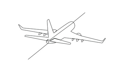 Fototapeta na wymiar Continuous line drawing. The plane flies from left to right. Draw a thin black line on a white background.