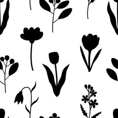 Seamless pattern plants flowers leaves silhouettes vector illustration