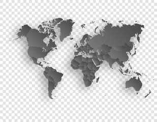 Fototapeta na wymiar map of world with shadow on transparent background
