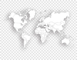 white political map of world with shadow on transparent background