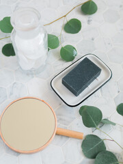 Natural soap bar flat lay in bathroom 