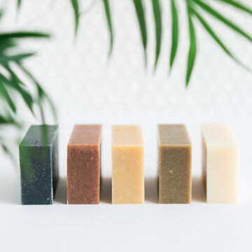 Group of natural soap bars with palm leaves