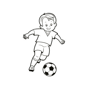 coloring book: boy soccer player kicks the ball on the soccer field. Vector illustration in cartoon style, black and white line art