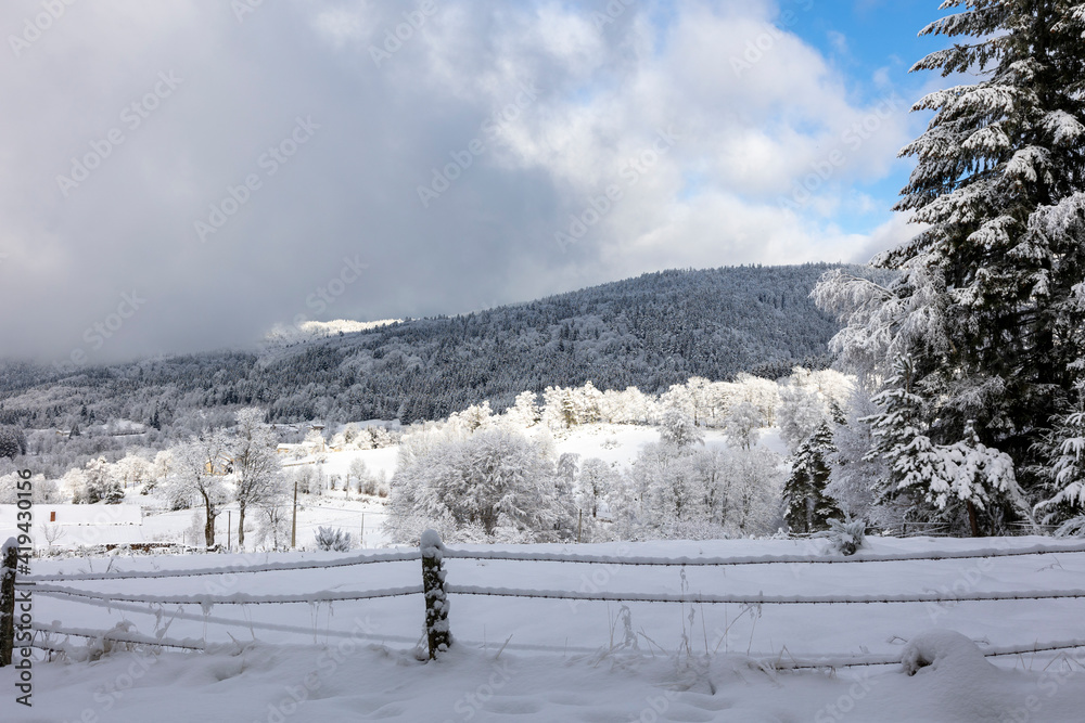 Sticker beau paysage hivernal, campagne recouverte de neige