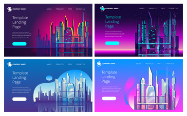 City of the future skyscrapers at dawn. Vector illustration in neon colors. Template for the first landing Page screen. A set of images.