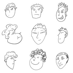 A set of nine emotions. Doodle and sketch characters. Illustration with cartoon male faces for design, avatars, icons, stickers, blog illustrations, textiles, packaging, wrapping paper.