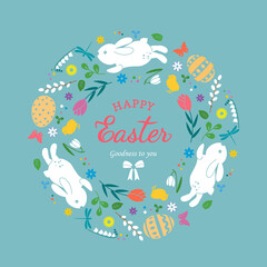 holiday card or banner template. Happy Easter cute Easter bunnies with eggs and flowers with a greeting lettering.