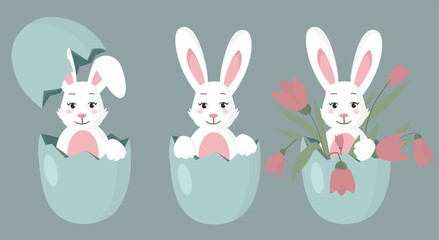Obraz na płótnie Canvas Set of Easter rabbits isolated on green background. Bunny sitting in the egg. Vector flat style illustration. Cute cartoon characters.