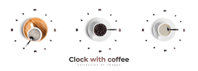Clock of white cup with coffee beans isolated on a white background.