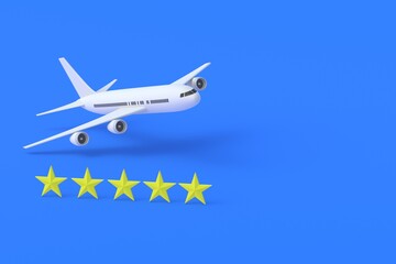 Obraz premium Plane near five yellow stars. Concept of best airline. Excellent feedback. Good rating of travel company. Luxury passenger transportation. Fine air services. Copy space. 3d rendering