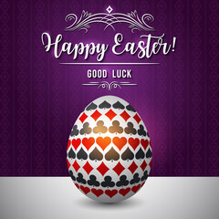 Easter greetings card with red and black gambling symbols over white egg, vector illustration. Suitable for invitations, greeting cards, flyers, banners.