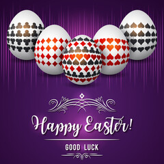 Easter greetings card with red and black gambling symbols over white eggs, vector illustration.Suitable for invitations, greeting cards, flyers, banners.