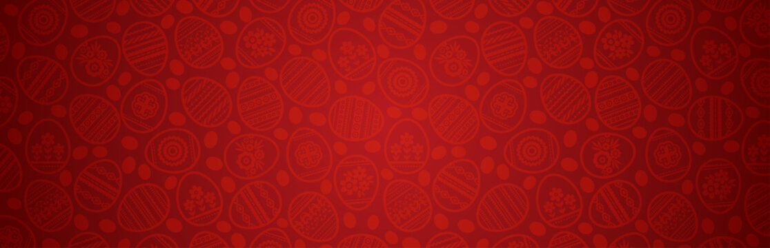 Red Easter banner with color eggs decorated with flowers and leafs. Easter Day holiday design. Horizontal background, headers, posters, cards, website. Vector illustration.