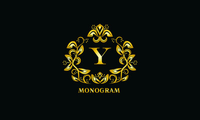 Stylish design for invitations, menus, labels. Elegant gold monogram on a dark background with the letter Y. The logo is identical for a restaurant, hotel, heraldry, jewelry.
