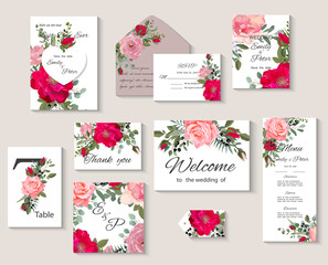 Wedding invitation with flowers and leaves, realistic rose, isolated on white. Vector