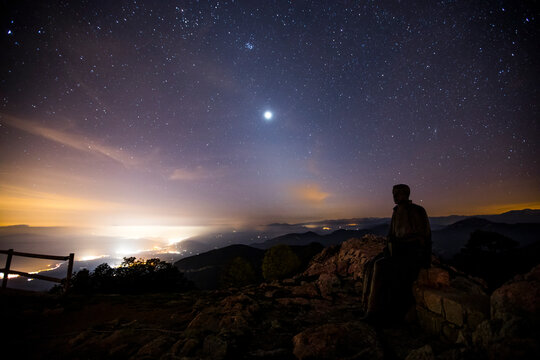 Jacinto Verdauguer Sculpture at night, Mare De Deu Del Mont, La Garrotxa, Girona, Catalonia, Spain