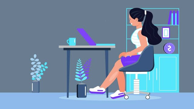 Woman typing animation. Office interior video. Burnout in professional life. Employee is sitting at the table. Young woman in stress in the office. Brainstorming is up.