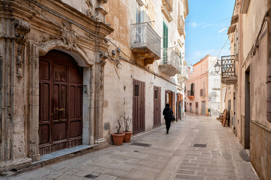 Castellaneta, Taranto district, Apulia, Puglia, Murge, Ionian Coast, Italy, Italia, Europe, in the foreground the baroque portal of Palazzo Sarapo Vittorio Emanuele street