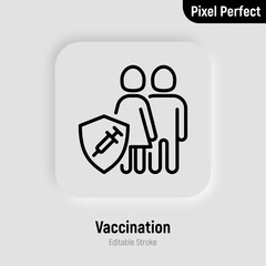 Coronavirus vaccination. Virus protection: family is protected by shield with vaccine. Immune system. Thin line icon. Pixel perfect, editable stroke. Vector illustration.