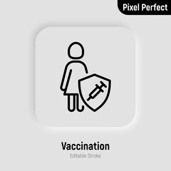 Coronavirus vaccination. Virus protection: woman is protected by shield with vaccine. Immune system. Thin line icon. Pixel perfect, editable stroke. Vector illustration.