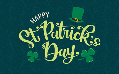 Vector design of St. Patricks Day logotype. Hand sketched lettering typography with leprechaun hat and clovers on textured background. Illustration for beer or ale festival poster, flyer, badge, icon