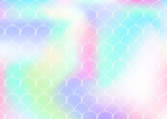 Gradient mermaid background with holographic scales.