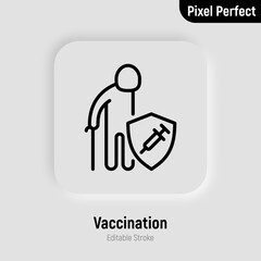 Coronavirus vaccination. Virus protection: elderly man is protected by shield with vaccine. Immune system, antibiotics. Thin line icon. Pixel perfect, editable stroke. Vector illustration.
