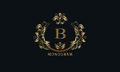 Exquisite bronze monogram on a dark background with the letter B. Stylish logo is identical for a restaurant, hotel, heraldry, jewelry, labels, invitations.