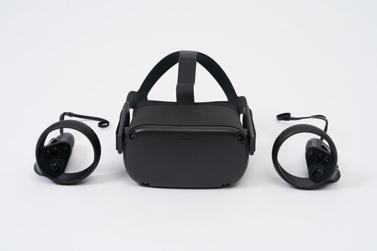 Tallinn, Estonia - February 04, 2021: Oculus Quest VR controllers. The Oculus Quest is a first all in virtual reality wireless headset and system created by Oculus VR, division of Facebook
