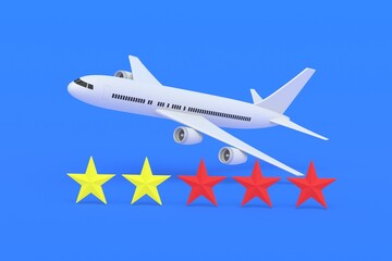 Plane near two yellow and three red stars on blue. Concept of bad airline. Negative feedback. Low rating of travel company. Poor passenger transportation. Underclass air services. 3d rendering