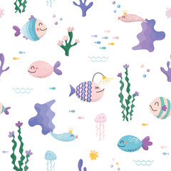 Sealife cartoon seamless pattern. Cute fish characters for kids. Vector