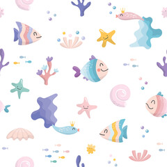 Cute sea fish characters cartoon seamless pattern. Sealife pastel colors background. Textile for kids, notebook cover, wrapping paper. Vector