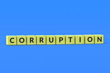Word corruption on yellow cubes on blue background. Concept of financial crimes in politics. Illegal business, money.  3d rendering