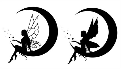 Collection of silhouettes of a fairy. Isolated on white. - obrazy, fototapety, plakaty