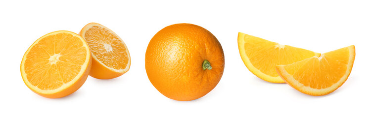 Set with tasty ripe oranges on white background. Banner design