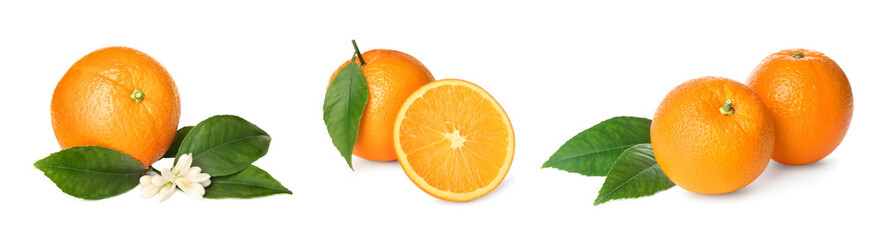 Fototapeta na wymiar Set with tasty ripe oranges on white background. Banner design