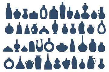 Hand drawn stylized Ceramic Vase set. Silhouettes of monochrome flower vases, earthenware jugs. Boho style. Design Elements for poster, wall art print. Vector illustration isolated on white background