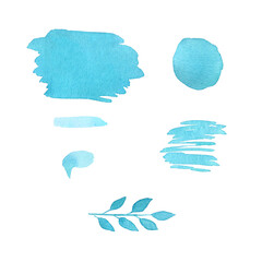 Wedding color pallete. Color spots, blots. Blue stain. Green painted branch with leaves. Sketches of watercolor. 