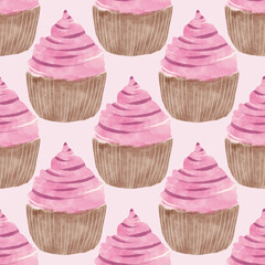 Watercolor seamless pattern with cupcakes. Hand drawn design.  illustration.