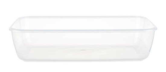 Empty transparent plastic food container without lid isolated on white background