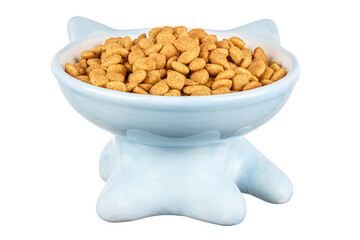 Blue ceramic bowl with dry cat food isolated on white background